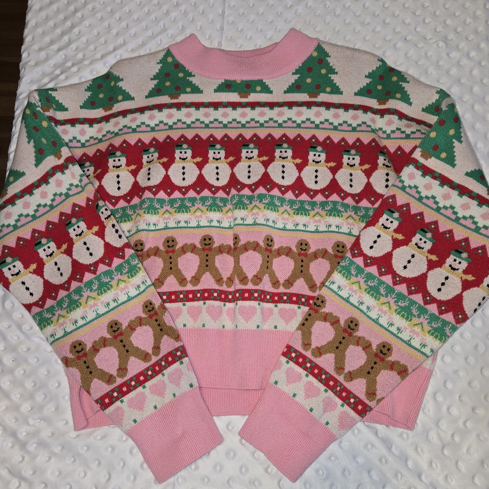 Forever 21‎ Ugly Christmas Sweater Womens Medium Pink Gingerbread Snowmen